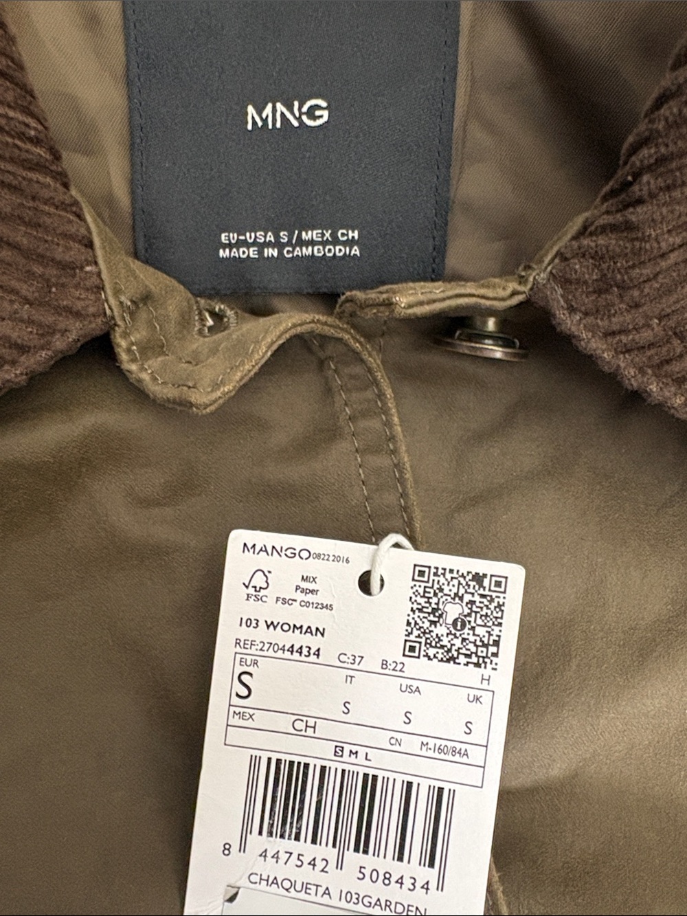 Mango Olive BrownJacket with Corduroy Collar COTTON PARKAWITH CONTRASTING COLLAR - Picture 3 of 6